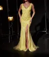 Sophia Thomas Fitted Gown With Appliqué Sequins And Slit In Yellow In Yellow