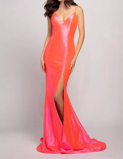 Sophia Thomas Fitted Stretch Satin Gown With Slit And Ruching In Bright Pink