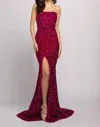 Sophia Thomas Plush Sequin Strapless Gown With High Leg Slit In Magenta In Pink