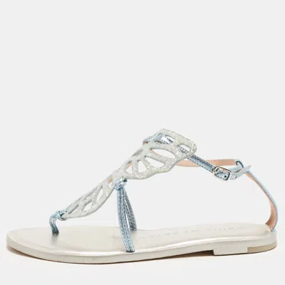 Pre-owned Sophia Webster Bibi Butterfly Size 39.5 Blue/silver Glitter And Leather Ankle Strap Flat Sandals