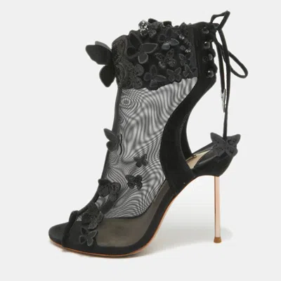 Pre-owned Sophia Webster Black Suede And Mesh 3d Butterfly Harmony Booties Size 37