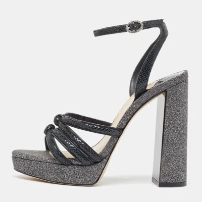 Pre-owned Sophia Webster Black Textured Suede And Glitter Freya Platform Block Heel Ankle Strap Sandals Size 37