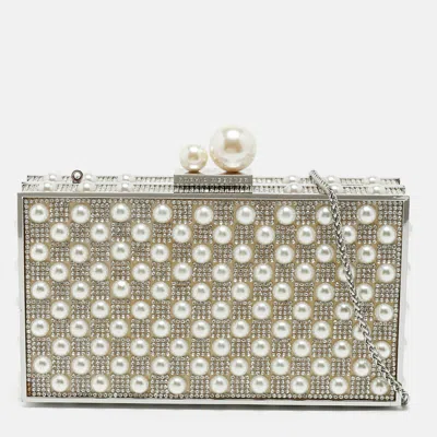 Pre-owned Sophia Webster Crystal And Pearl Embellished Clara Silver Box Chain Clutch