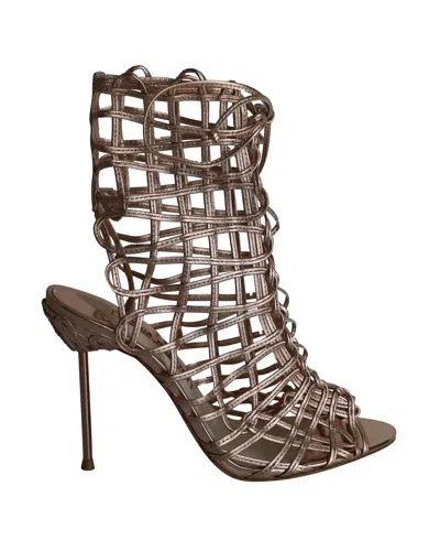 Pre-owned Sophia Webster Delphine Metallic Cage Lace-up Sandals In Gold Leather In Gray