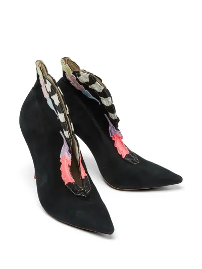 Pre-owned Sophia Webster Embroidered Suede Ankle Boots In Black