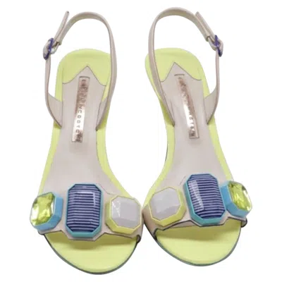 Pre-owned Sophia Webster Jewel-embellished Slingback Sandal Heels In Multicolor Leather In Beige