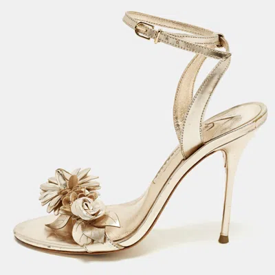 Pre-owned Sophia Webster Lilico Size 37.5 Metallic Rose Gold Leather Floral Embellished Ankle Wrap Sandals In Silver