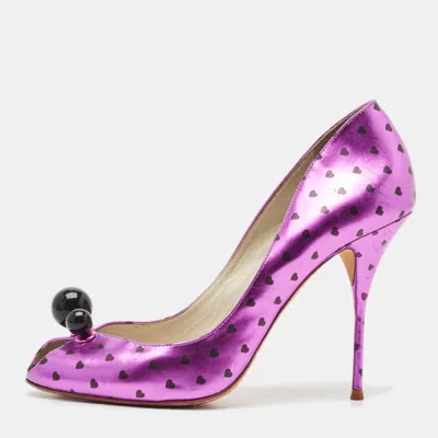 Pre-owned Sophia Webster Metallic Purple Heart Print Leather Loren Peep Toe Pumps Size 41