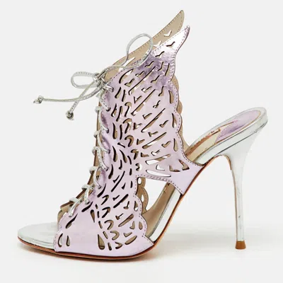 Sophia Webster Metallic Purple Laser Cut Foil Leather Cherub Winged Lace Up Mule Sandals In Animal Print