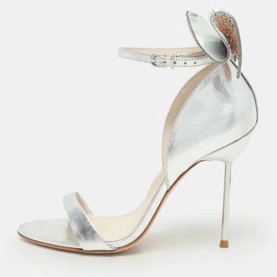 Sophia Webster Metallic Silver Leather Maya Crystal Embellished Bow Ankle Strap Sandals