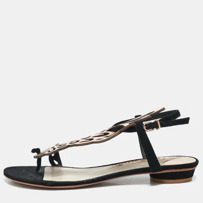 Pre-owned Sophia Webster Metallic/black Suede And Leather Seraphina Flat Sandals Size 39.5