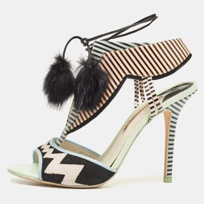 Pre-owned Sophia Webster Multicolor Patent Leather Fur Pom Pom Ankle Tie Up Sandals Size 41
