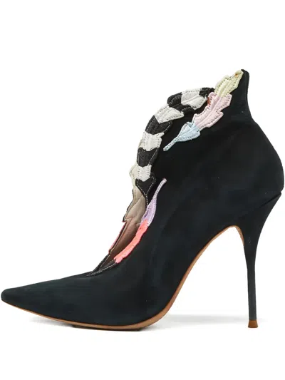 Pre-owned Sophia Webster  115mm Embroidered Suede Pumps In Black