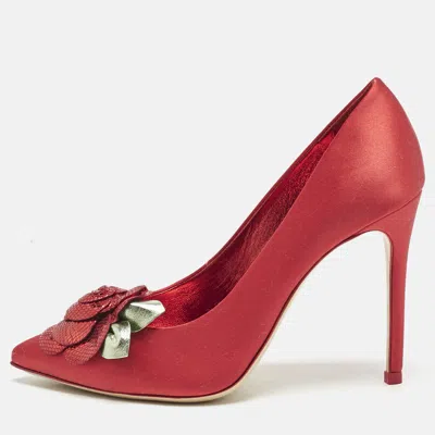 Pre-owned Sophia Webster Red Satin Rosette Pointed Toe Pumps Size 38.5