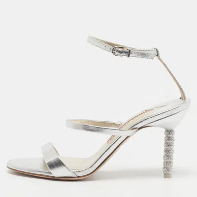Pre-owned Sophia Webster Rosalind Size 37 Metallic Silver Foil Leather Crystal Embellish Ankle Strap Sandals