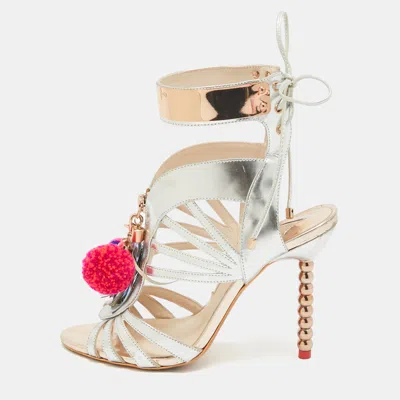 Pre-owned Sophia Webster Silver Mirrored Leather Yasmina Pom Pom Embellished Sandals Size 37