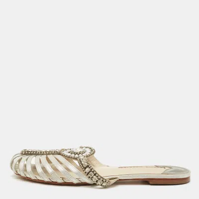 Pre-owned Sophia Webster Size 38 Silver Leather Crystal Embellished Flat Sandals