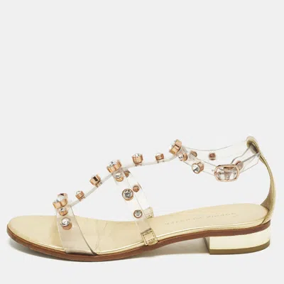 Pre-owned Sophia Webster Size 39 Transparent/gold Pvc And Leather Crystal Studded Gladiator Flat Sandals