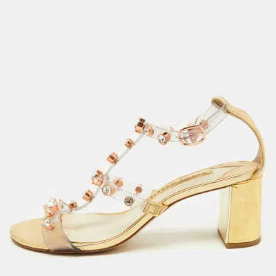 Pre-owned Sophia Webster Transparent/gold Pvc And Leather Crystal Studded Ankle Strap Sandals Size 38