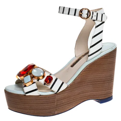 Sophia Webster White/black Striped Leather Suki Gem Embellished Wedge Platform Sandals