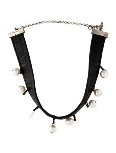 Pre-owned Sophie Buhai Leather & Faux Pearl Drop Choker, 17" In Black/white