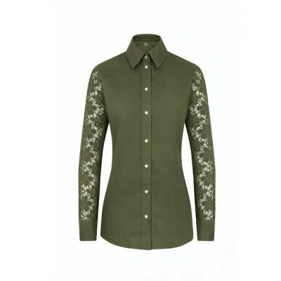Sophie Cameron Davies Women's Khaki Green Lace Sleeve Cotton Shirt