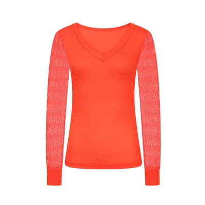 Sophie Cameron Davies Women's Yellow / Orange Burnt Orange V-neck Jersey Lace Sleeve Top In Yellow/orange