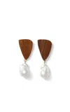 Sophie Monet Wooden And Baroque Pearl Drop Earrings In White