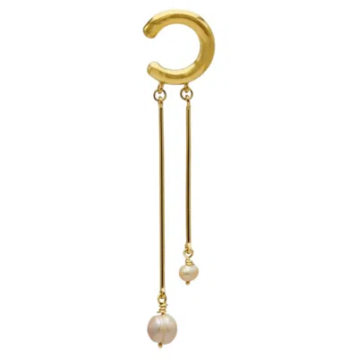 Pre-owned Sophie Simone Designs Two White Pearls Earcuff In 22k Gold Plated Bronze By