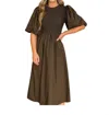 Sophie The Label Kenzie Midi Dress With Puffed Sleeves In Brown In Brown