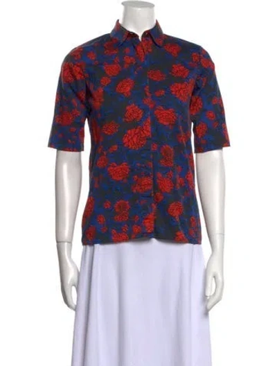 Pre-owned Sophie Theallet Floral Print Mock Neck Button-up Top In Blue