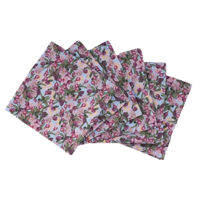 Sophie Williamson Design Blue / Pink Set Of Six Napkins In Romantic Pink Cherry Blossom Flower Print On Blue In Multi