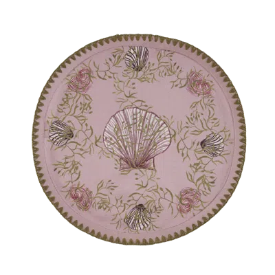 Sophie Williamson Design Green / Pink / Purple Set Of Six Round Placemats With Shells And Leaf Print On Dusty Pink In Orange