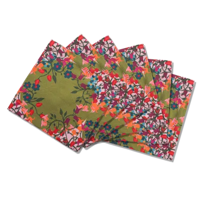 Sophie Williamson Design Green / Pink Set Of Six Napkins In Bold Flower Print On Green Offcut Version In Multi