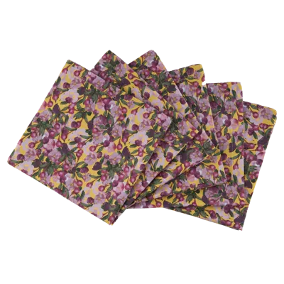 Sophie Williamson Design Green / Pink Set Of Six Napkins In Romantic Pink Cherry Blossom Flower Print On Yellow In Multi