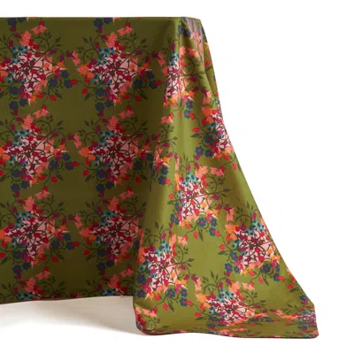 Sophie Williamson Design Orange / Green Large Square Tablecloth With Bold Flower Print On Green And Pink