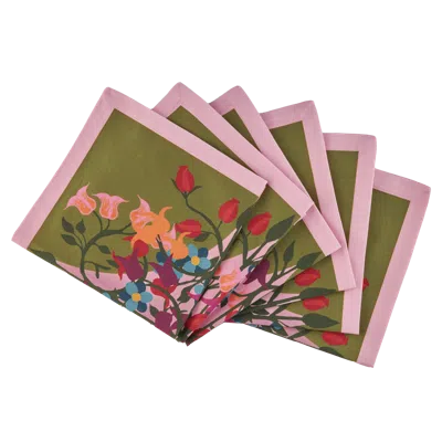Sophie Williamson Design Pink / Green Set Of Six Napkins In Bold Flower Print On Green In Multi