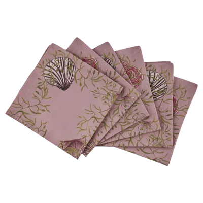 Sophie Williamson Design Pink / Green Set Of Six Napkins With Shells And Seaweed Print On Dusty Pink In Multi