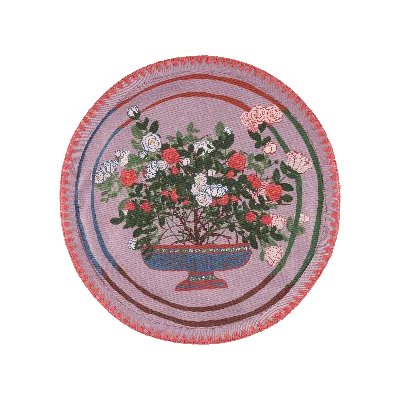 SOPHIE WILLIAMSON DESIGN PINK / PURPLE SET OF SIX ROUND PLACEMATS IN DUSTY LILAC WITH ROMANTIC ROSES AND BOLD LINES