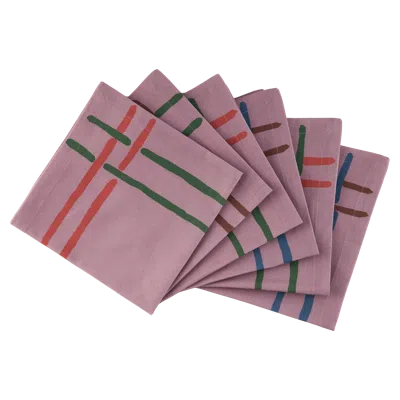 Sophie Williamson Design Pink Set Of Six Napkins With Bold Lines On Dusty Lilac