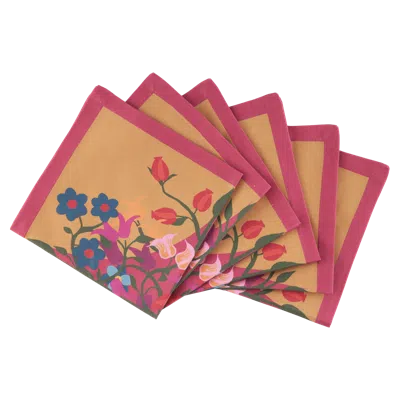 Sophie Williamson Design Red / Orange Set Of Six Napkins In Bold Flower Print On Orange In Multi