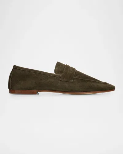 Sophique Essenziale Leopard Suede Penny Loafers In Moss Green
