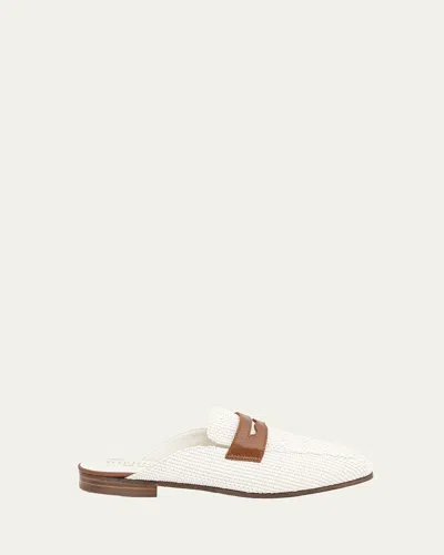 Sophique Riviera Raffia Leather Mule Loafers In White Raffia And Brown Leather