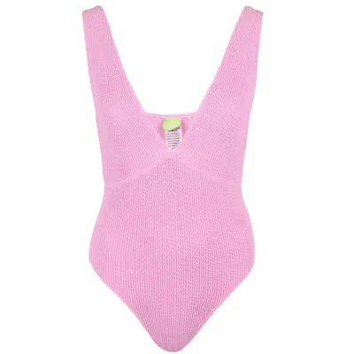 Sorbet Island Ariel Plunge One Piece In Candy Pink | One Size Stretchy Crinkle Fabric | Low Leg &amp; Back Swimsui