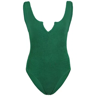 Sorbet Island Ava One Piece In Kiwi Green | One Size Swimsuit | Stretchy Crinkle Fabric | Split Neckline &amp; Hig