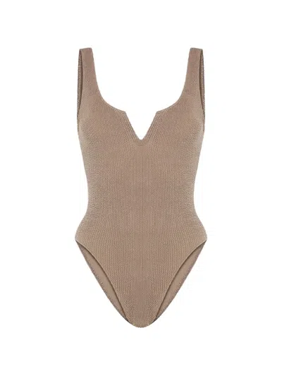 Sorbet Island Ava Textured V-neck Swimsuit In Brown
