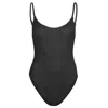 Sorbet Island Jade One Piece In Liquorice Black | One Size Stretchy Crinkle Fabric | High Leg Thin Strap Swimsuit  In Black