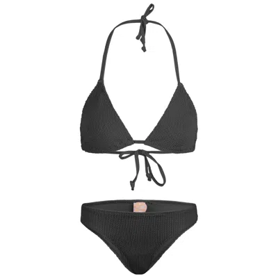 Sorbet Island Mia Triangle Bikini Set In Liquorice Black | One Size Swimsuit | Stretchy Crinkle Fabric | Low Waist