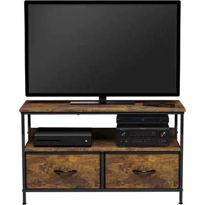 Sorbus 2 Drawers Tv Stand Dresser With Steel Frame, Wood Top, & Fabric Bins In Rustic In Brown