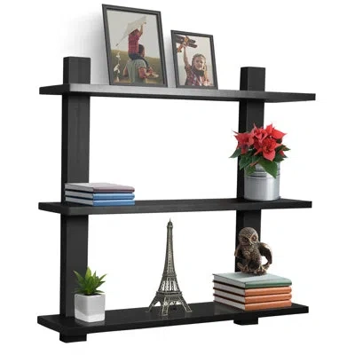 Sorbus 3-tier Asymmetric Floating Wood Shelf In Black